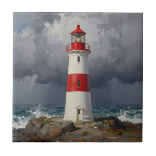 Stormy Red Lighthouse Coastal  Ceramic Tile