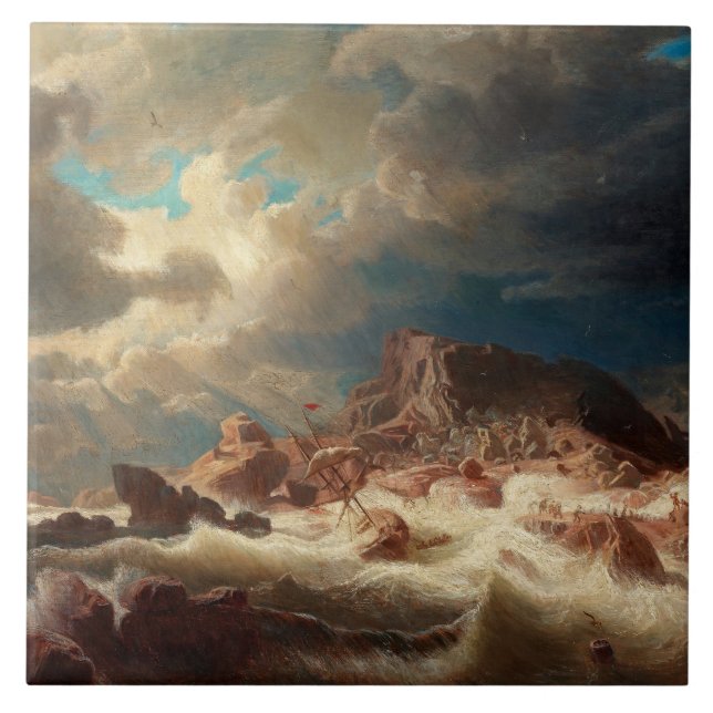 Stormy Sea with a Shipwreck (by Marcus Larson) Ceramic Tile (Front)