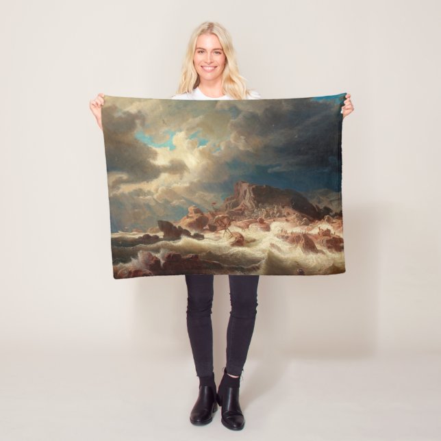 Stormy Sea with a Shipwreck (by Marcus Larson) Fleece Blanket (In Situ)
