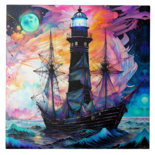 Stormy seas, boat lighthouse Moon Abstract Ceramic Tile