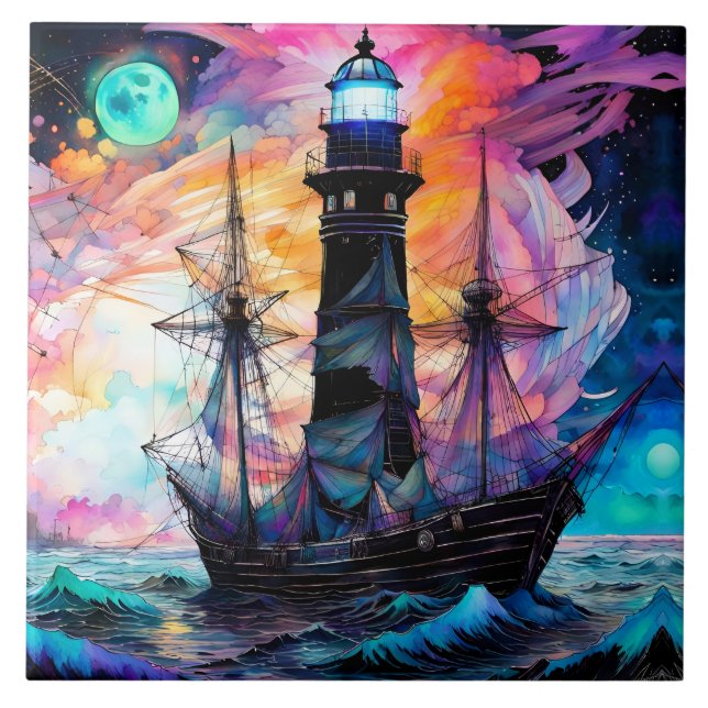 Stormy seas, boat lighthouse Moon Abstract Ceramic Tile (Front)