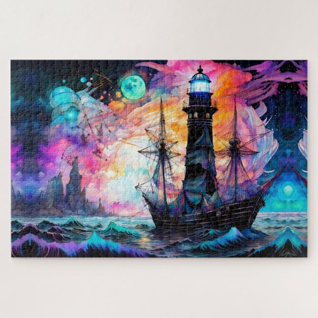 Stormy seas, boat lighthouse Moon Abstract Jigsaw Puzzle (Horizontal)