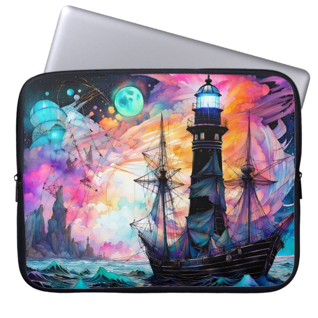 Stormy seas, boat lighthouse Moon Abstract Laptop Sleeve (Front)