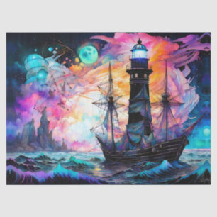 Stormy seas, boat lighthouse Moon Abstract Tissue Paper
