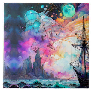 Stormy seas, futuristic boat Moon Abstract Ceramic Tile