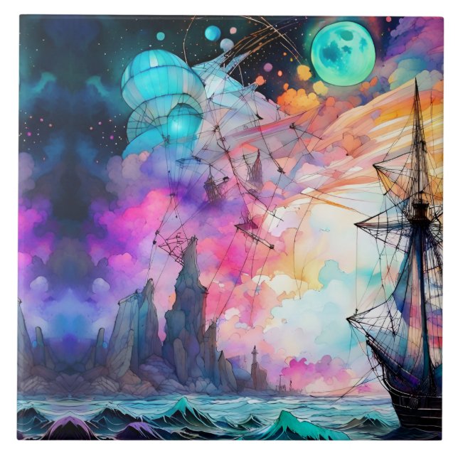Stormy seas, futuristic boat Moon Abstract Ceramic Tile (Front)