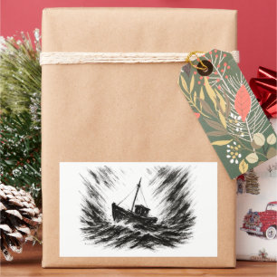 Stormy Seas Ink Boat Battling the Waves Art on Rectangular Sticker