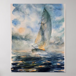 Stormy Seas Sailboat Watercolor Art Poster