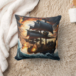 Stormy Seas With a Fierce Pirate Ship at Dusk Cushion