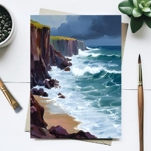 Stormy Shore Beach Ocean Waves Painting Postcard