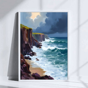 Stormy Shore Beach Ocean Waves Painting Poster