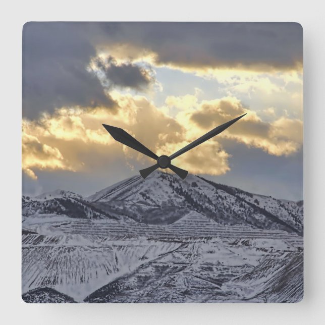 Stormy Sunset Over Snow Capped Mountains Square Wall Clock (Front)