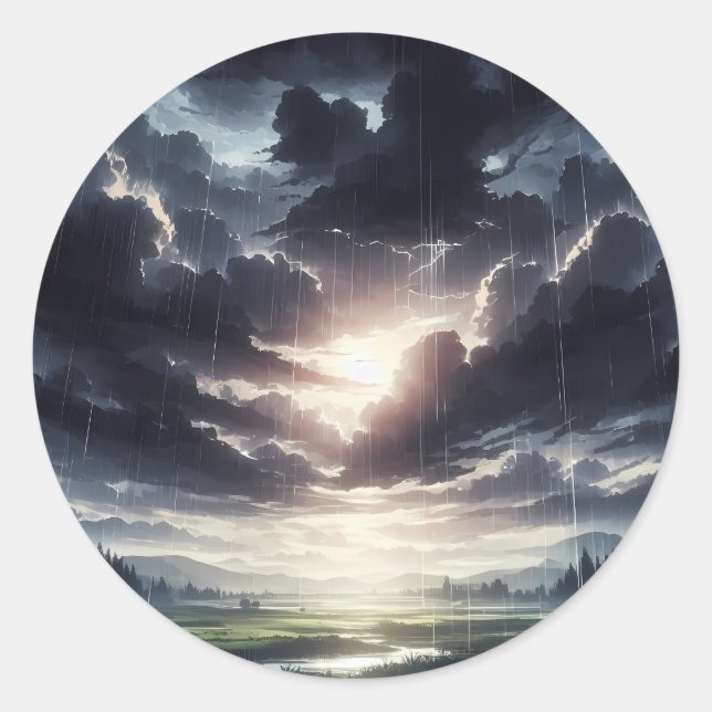Stormy Sunset Rain Over Serene Valley Classic Round Sticker (Front)