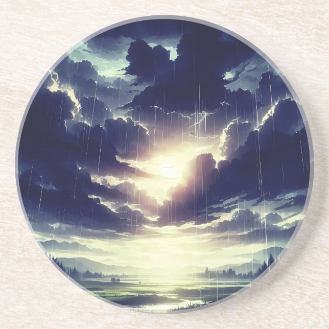 Stormy Sunset Rain Over Serene Valley Coaster (Front)