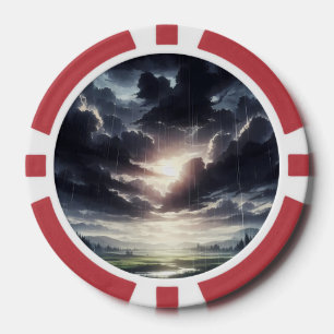 Stormy Sunset Rain Over Serene Valley Poker Chips