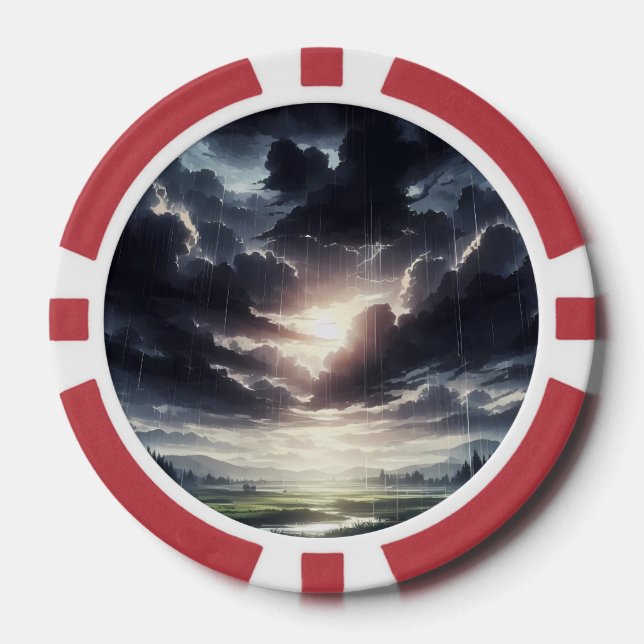 Stormy Sunset Rain Over Serene Valley Poker Chips (Front)