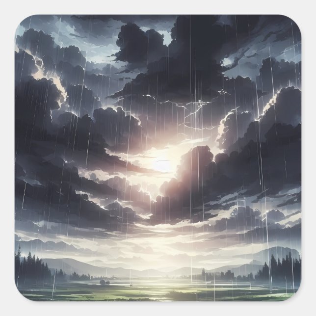 Stormy Sunset Rain Over Serene Valley Square Sticker (Front)