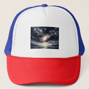 Stormy Sunset Rain Over Serene Valley Trucker Hat