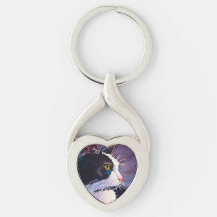 Stormy Tuxedo Cat Key Ring