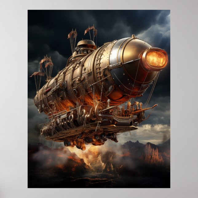 Stormy Voyage: Epic Steampunk Zeppelin Poster (Front)