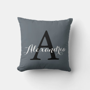 Stormy Weather Slate Grey Solid Colour Monogram Cushion