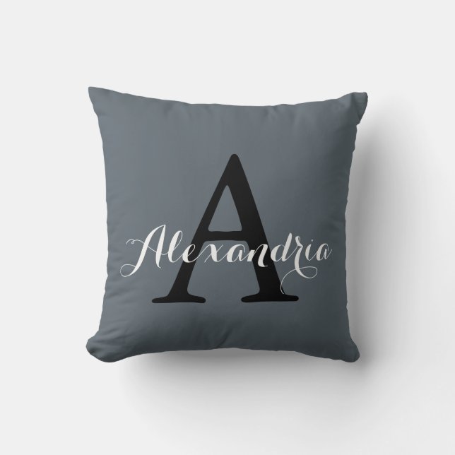 Stormy Weather Slate Grey Solid Colour Monogram Cushion (Front)
