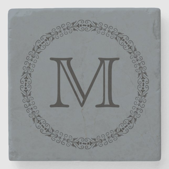 Stormy Weather Slate Grey Solid Colour Monogram Stone Coaster (Front)