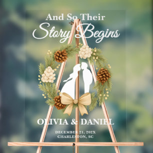 Story Begins Pine Greenery Wreath Wedding Welcome Acrylic Sign
