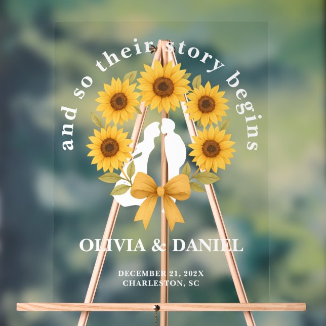 Story Begins Sunflower Wreath Wedding Welcome Acrylic Sign (Neutral)