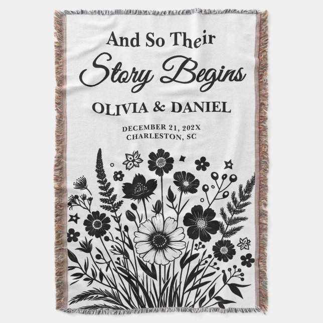 Story Begins Wildflower Wedding Names & Date Throw Blanket (Front Vertical)