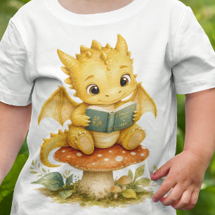 Storybook Baby Dragon Reading on Mushroom Kids T-Shirt