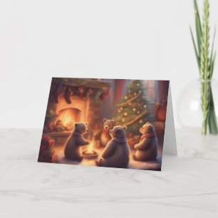 Storybook Bear Cubs sit by Christmas Tree Card