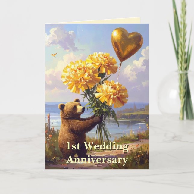 Storybook Bear & Heart 1st Wedding Anniversary Card (Front)