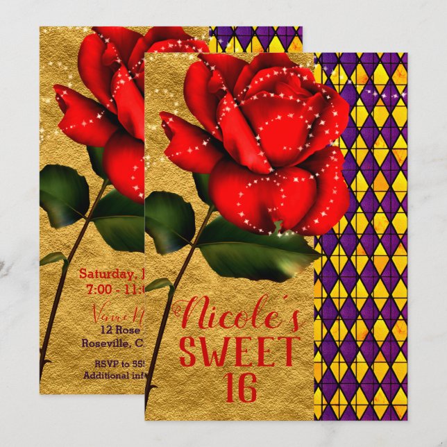 Storybook Beauty Red Sparkle Rose Sweet 16 Invitation (Front/Back)