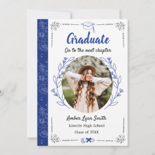 Storybook Blooms Graduation Photo Card, Royal Blue Invitation