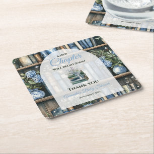 Storybook Blue Boy Library Book Baby Shower Square Paper Coaster