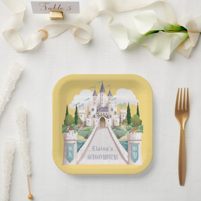Storybook Castle Illustrated Yellow Baby Shower Paper Plate (Wedding)