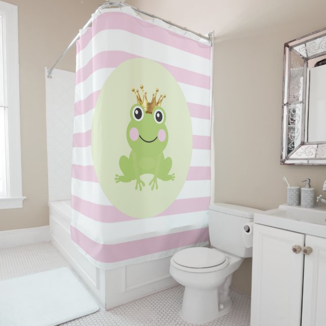 Storybook Fairy tale Frog Prince Pink Stripes Shower Curtain (In Situ)
