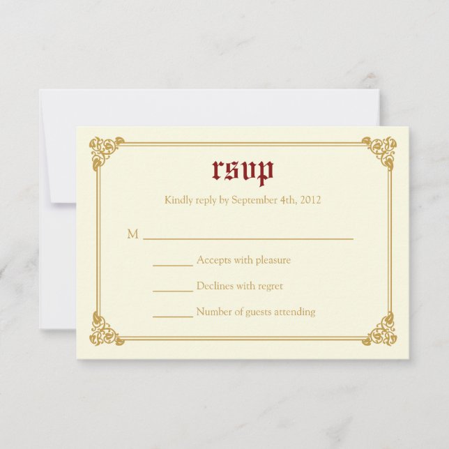 Storybook Fairytale Wedding RSVP Card - Red/Gold (Front)