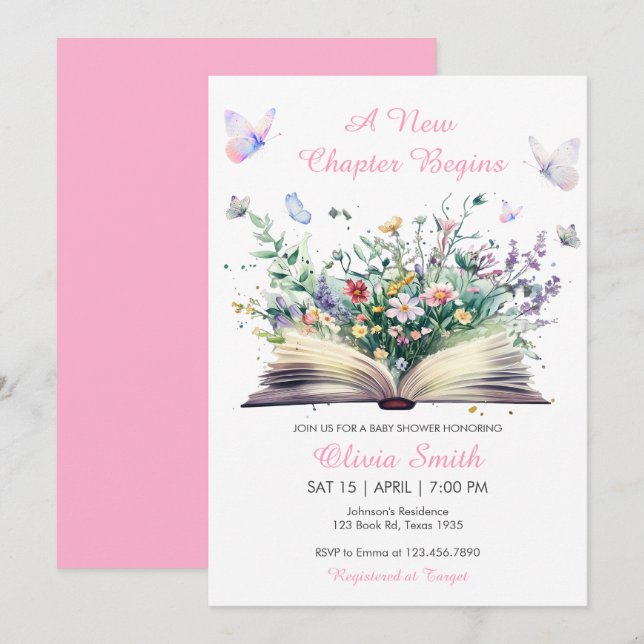 Storybook Floral Pink A New Chapter Baby Shower Invitation (Front/Back)