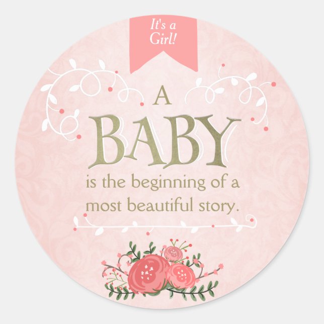 Storybook Girl baby shower Pink Gold Sticker seal (Front)
