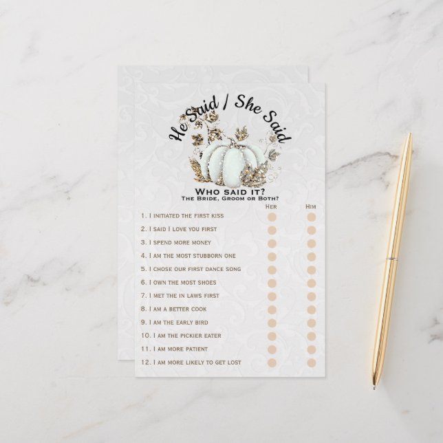Storybook Gold White Pumpkin Bridal Shower Game (Front/Back In Situ)