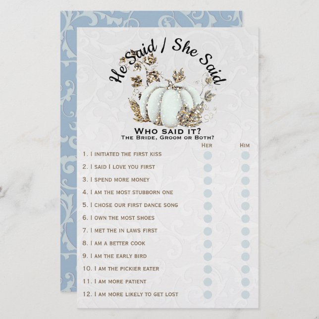 Storybook Gold White Pumpkin Bridal Shower Game (Front/Back)