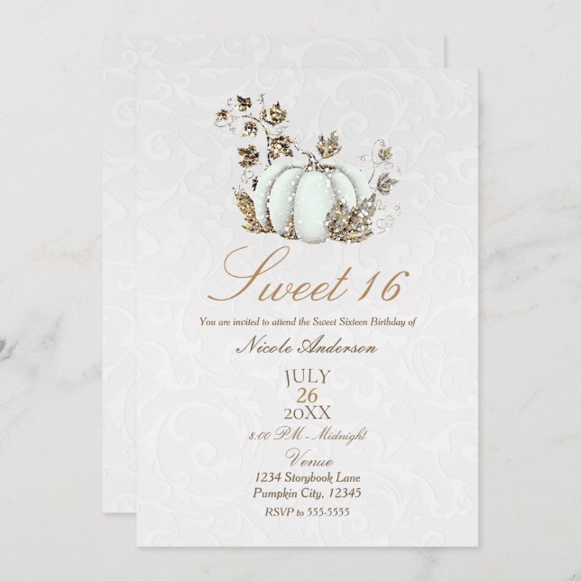 Storybook Gold White Pumpkin Fairy Tale Sweet 16 Invitation (Front/Back)