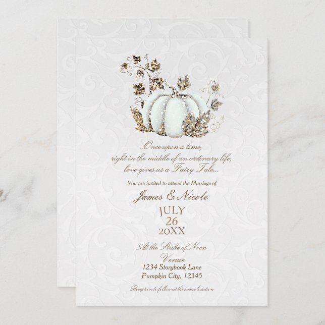 Storybook Gold White Pumpkin Fairy Tale Wedding Invitation (Front/Back)
