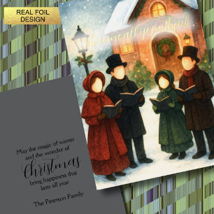 Storybook Illustration Faceless Christmas Carolers Foil Holiday Card