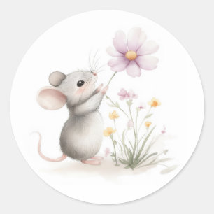 Storybook Mouse Picking Pink Wildlfower Classic Round Sticker