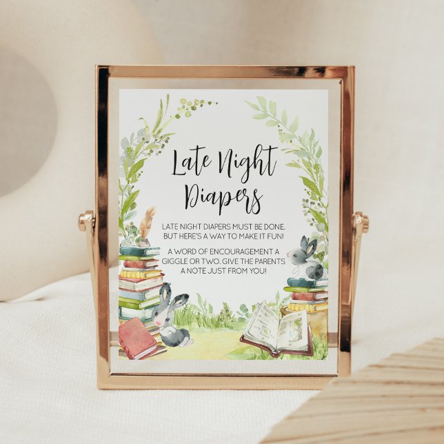 Storybook New Chapter Late Night Diapers Poster (Vintage Storybook Rabbit Baby Shower Late Night Diapers Sign)