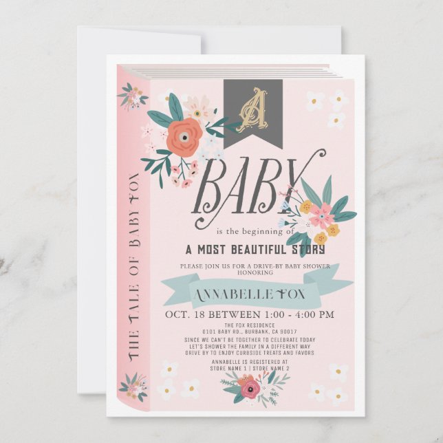 Storybook Pink Floral Girl Drive-by Baby Shower Invitation (Front)