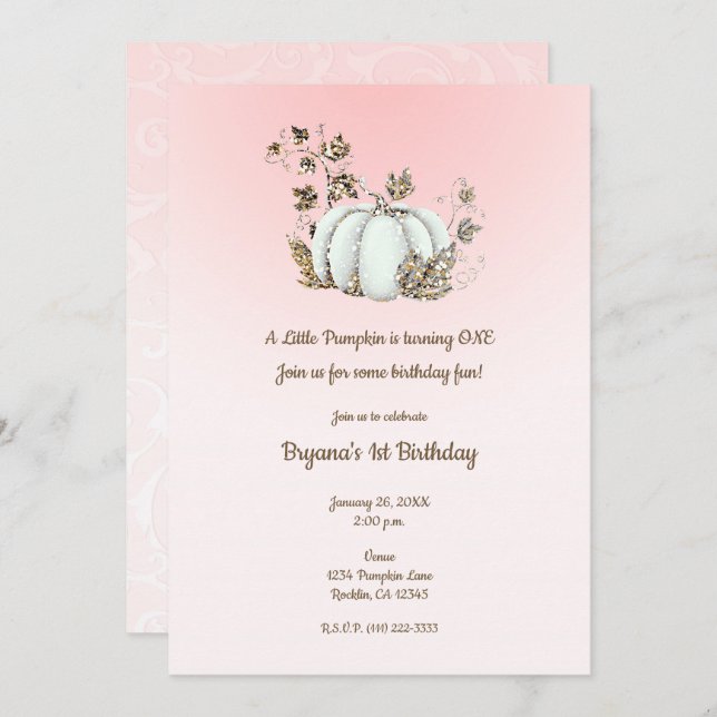 Storybook Pink White Pumpkin Fairytale 1st Invitation (Front/Back)